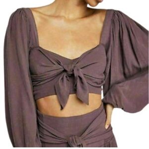 FREE PEOPLE one Palermo misty purple plum long bell sleeve tie front bow size S